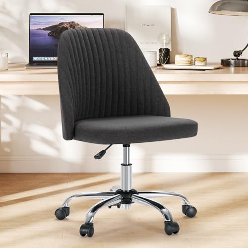 Sweetcrispy Deep Gray Armless Vanity Chair with Wheels - Small Office Desk Chair