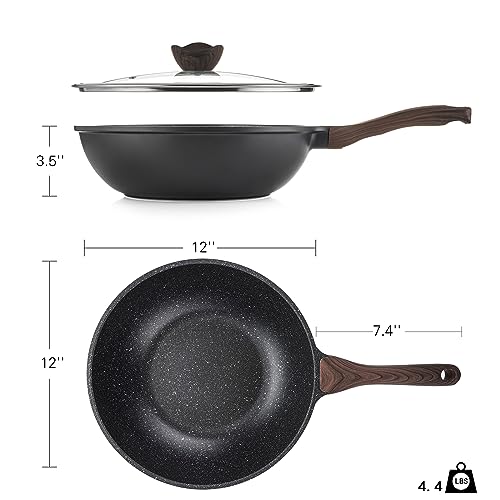 Kordisen 12 Inch Black Nonstick Wok with Lid - Granite Coating & All-Stove Compatible