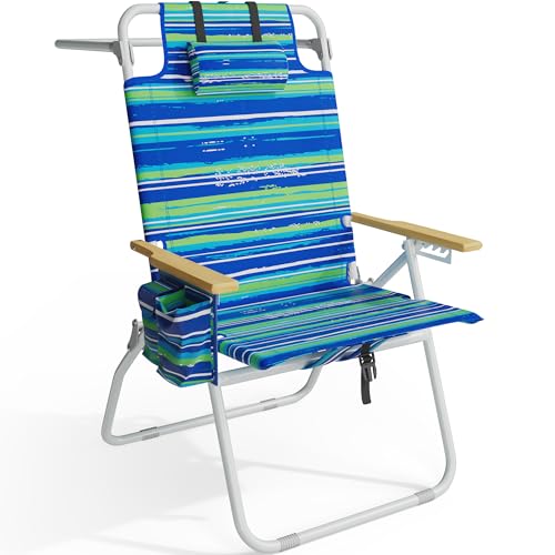 Yestomo Striped Blue & Green Tall Backpack Beach Chair, 17" Seat Height, 5 Reclining Positions, Supports 350lbs