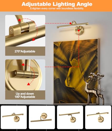 Brass Wall Picture Light 15.7 Inch - Wireless Dimmable Art Spotlight with Remote