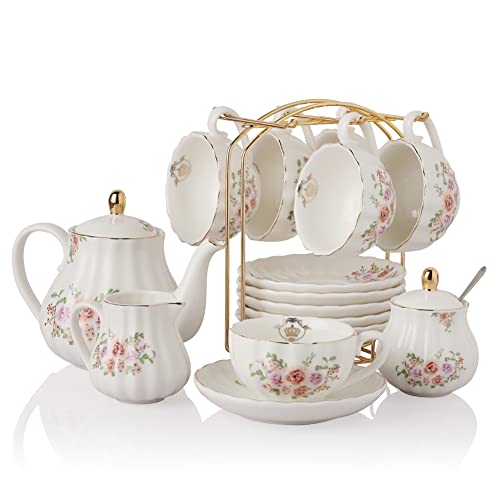 Porcelain Tea Set with Rose Flower Design - 8 OZ Cups & Saucer Service for 6, Includes Teapot Sugar Bowl Creamer & Strainer