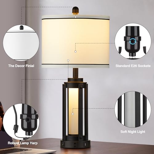 Black 25-Inch Modern Table Lamp Set with USB-C, AC Outlet & Night Light