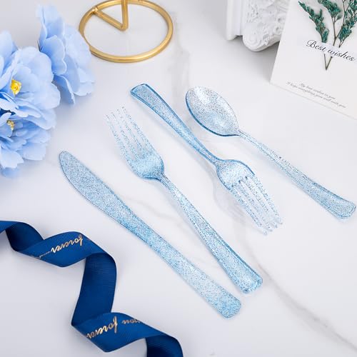 Rubtlamp 180Pcs Blue Glitter Disposable Dinnerware Set for 30 Guests — Plates, Cups & Silverware