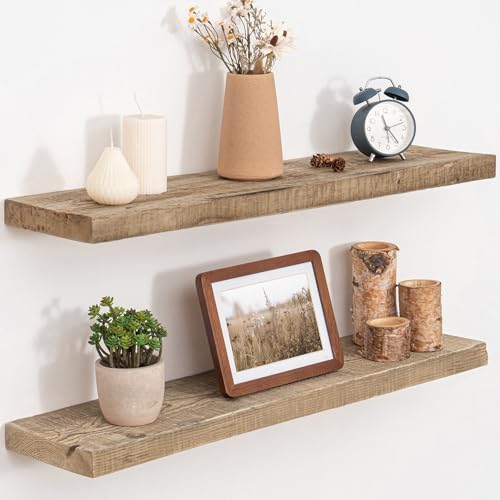 Floating Shelves Set of 2 - Rustic Reclaimed Wood Wall Storage with Heavy-Duty Invisible Brackets - 30 Inch Natural Distressed