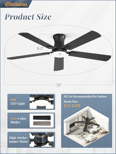 Black 52 Inch Ceiling Fan with Light Remote Control Low Profile Modern Fan