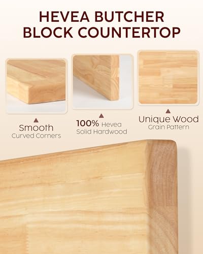 ARLONI.GD Hevea Butcher Block Countertop - Natural Wood, 25"x24"x1.5" Unfinished