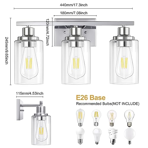 Apenath Chrome 3-Light Vanity Light Fixtures Modern Wall Sconces with Clear Glass Shades