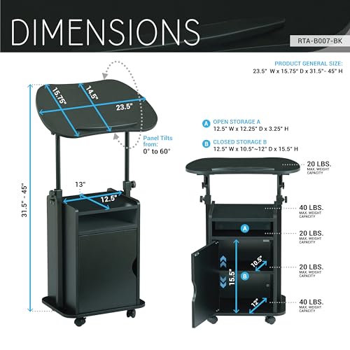 Black Adjustable Laptop Cart with Storage and Locking Wheels – Mobile Workstation