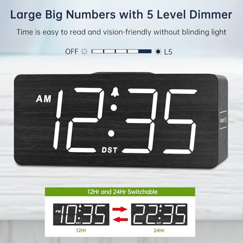 Black Wooden Digital Alarm Clock with Wireless Charging Station - DreamSky
