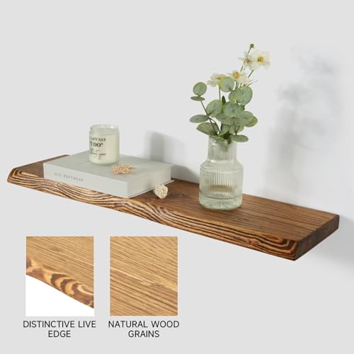 24 Inch Live Edge Floating Shelves Set of 2 - Rustic Finnish Spruce Wall Storage - Brown, Thick Edges, Easy Installation