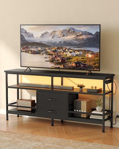 55 Inch TV Stand with LED Lights and Charging Station - Black, Supports Up to 65 Inch TVs