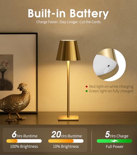 Brushed Gold 3-Pack Cordless Table Lamps with Touch Control & Dimming