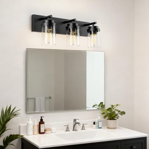 IZORRO 22 Inch Black Bathroom Vanity Light Fixture 3-Light Over Mirror with Clear Glass Shades - Modern Farmhouse Style