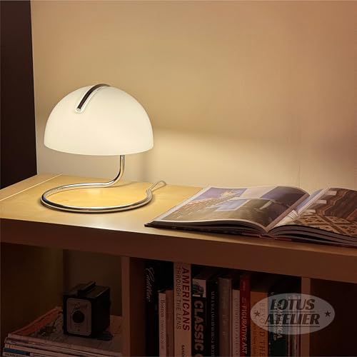 White Lotus Atelier Chrome Bauhaus Mushroom Table Lamp - Mid Century Modern Nightstand Light