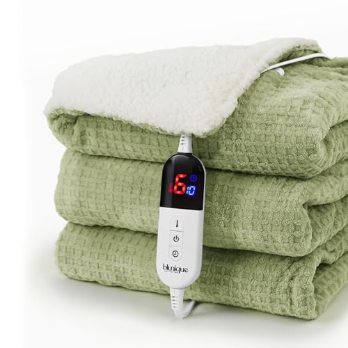 Sage Blunique Twin Electric Heated Blanket 62x84 Inches Waffle Sherpa Fast Heating