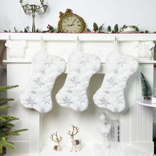 SherryDC White Plush Bone Christmas Stockings for Pet 2 Packs, Snowflake with Silver Foil Stamping, Holiday Hanging Socks for Fireplace Xmas Decor