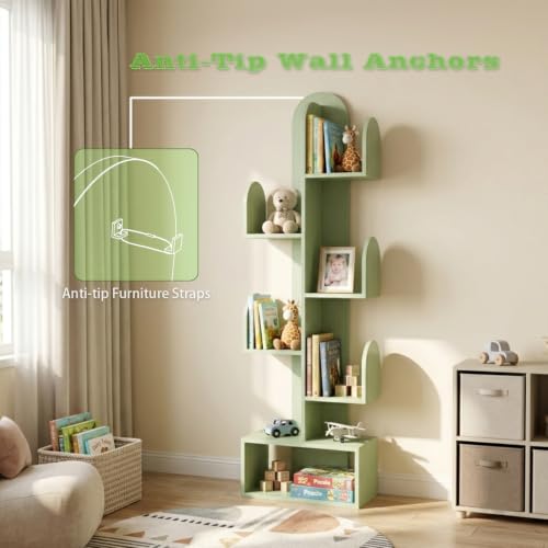 Cactus Tree Bookshelf with 5 Tiers - Green Wooden Storage Rack for Books and Decor