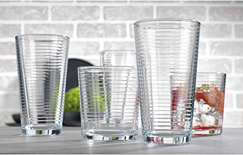 Set of 16 Heavy Base Ribbed Drinking Glasses - 8 Highball & 8 Rocks Glasses, Clear Durable Glassware
