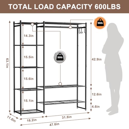 Black Medium Metal Closet Wardrobe with Storage Shelves & Hanging Rod