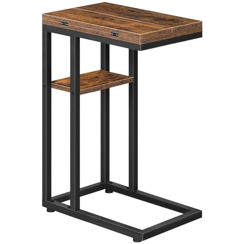 HOOBRO Foldable C Shaped End Table with Storage Shelf - Rustic Brown & Black, 15.4''L x 10.2''W x 25.2''H