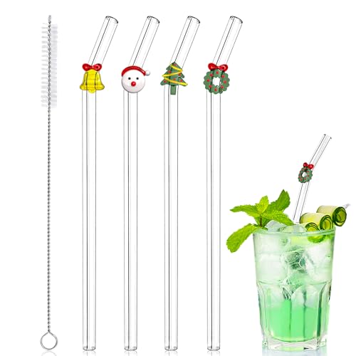 Loyzcy Christmas Glass Straws with Charms - 4 Pack, Reusable Holiday Drinkware