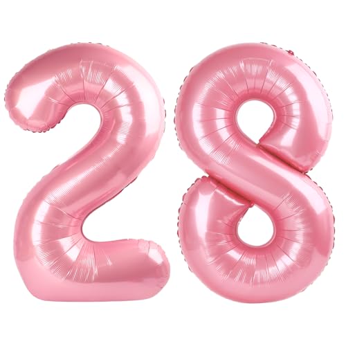 Pearlescent Pink Number 28 Balloons 40 inch, 28 Number Balloons, 28th Birthday Decorations, 28 Year Old Women Pastel Pink Party Supplies