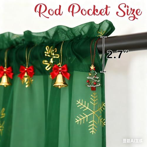 MikiUp Christmas Snowflakes Sheer Curtains 2 Pack Green & Gold 52x95 inches