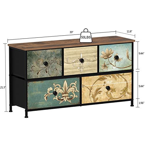 Fabric Dresser with 5 Drawers and Retro Floral Pattern – Bedroom Storage Chest, Wooden Top, 39W x 21.5H inches - Variation of THIS listing