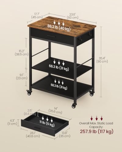 VASAGLE Rustic Brown & Ink Black Kitchen Island Cart with Storage, Drawer & Hooks, 17.7 x 23.6 x 35.4 inches