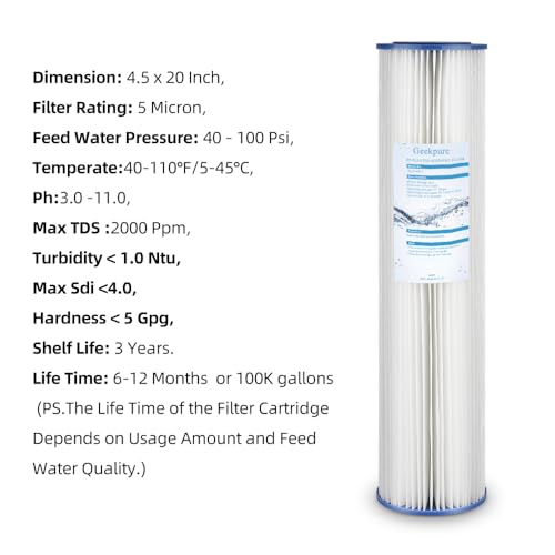 20-Inch Pleated Polypropylene Sediment Water Filter - 5 Micron, Reusable, Fits Whole House Systems