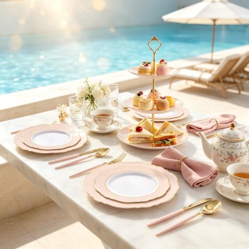 Pink Baroque Disposable Plates Set - Large & Small for Baby Shower Wedding Party