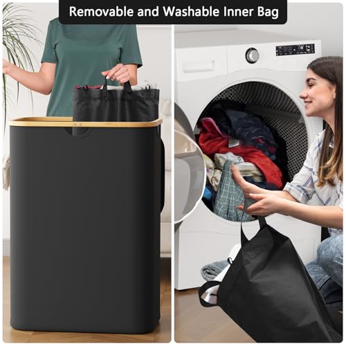 SpaceAid Double Laundry Hamper 2 Section with Lid - 160L Black Collapsible Basket with Bamboo Handles