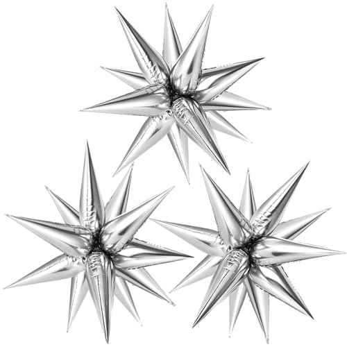 36 Pcs Silver Star Balloons Explosion 12 Point Foil Cone Balloons Spike Mylar Balloon Large for Wedding, Anniversary, Backdrop, Birthday Party Decorations