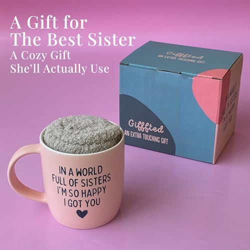 Sister Gift Mug & Cozy Socks Set - 13oz Pink Ceramic Coffee Cup