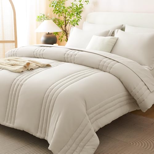 CozyLux Beige Oversized Queen Comforter Set - 7 Pieces Bed in a Bag