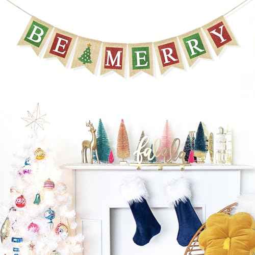 Burlap Be Merry Banner Christmas Decorations for Mantel Fireplace, Christmas Banner for Home Office Wall Decor, Winter Holiday Photo Props Xmas Party Favors