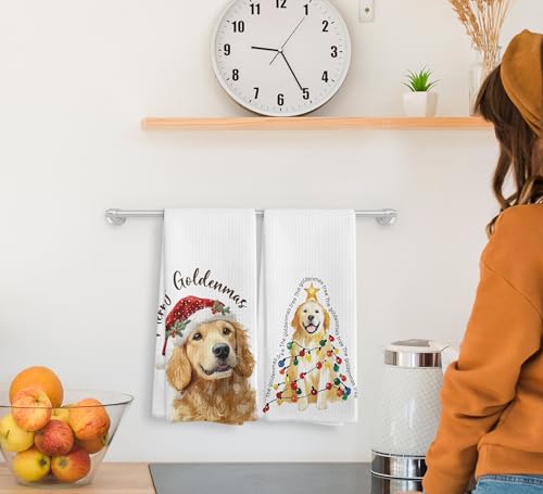 NOQL Golden Retriever Dog Christmas Kitchen Towels Set of 2, 16x24 Inch Holiday Hand Towels