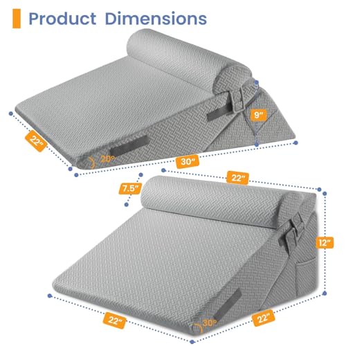 Adjustable Wedge Pillow Set for Post-Surgery Support - Dark Grey, 9 & 12 Inch + Head Pillow