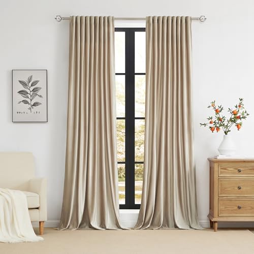Beige Champagne Velvet Curtains Set of 2, 52W x 108L Inches, Room Darkening, Rod Pocket & Back Tab, Living Room & Bedroom