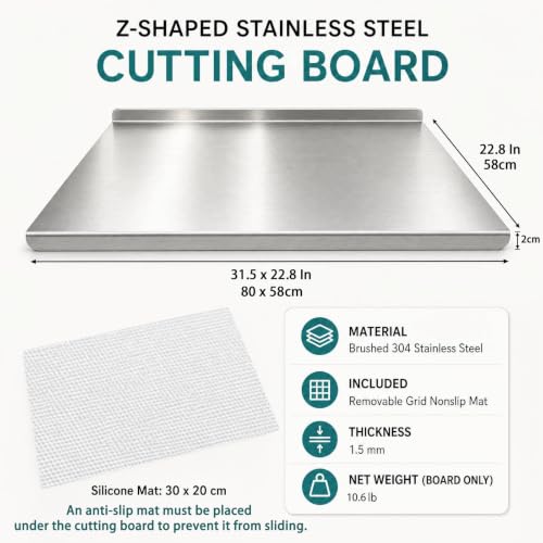 Cycayit 31.5 x 22.8-Inch Stainless Steel Cutting Board with Lip and Nonslip Mat