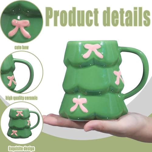 Didaey 18oz Christmas Tree Mugs Set – Green Ceramic Coffee Cups with Pink Bows