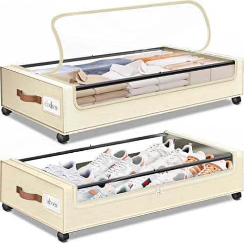 Beige Under Bed Storage Containers with Wheels 2-Pack - Clear Window & Leather Handles