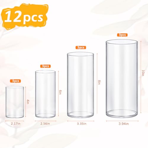 12 Pack Glass Cylinder Vases Set - Clear Flower & Candle Holders 4,6,8,10 Inch