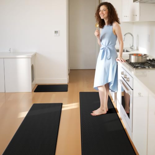 KitchenClouds Black 3-Pack Cushioned Non-Slip Kitchen Floor Mats - Easy-Clean Rugs