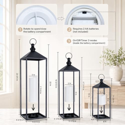 LED Lantern Set with Flameless Candles - 23, 19 & 13 Inches, Timer, Black Metal Decor for Indoor & Outdoor