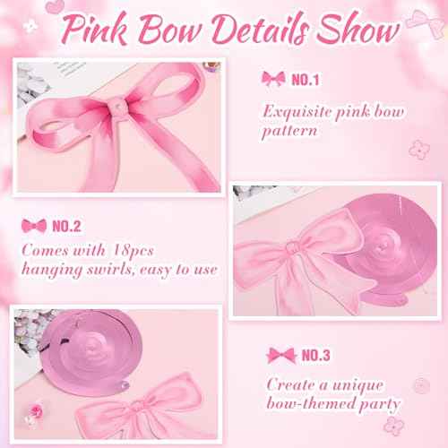 28 Pcs Bow Birthday Decorations Coquette Bow Birthday Hanging Swirls Decorations for Bridal Shower Party Supplies Wedding Christmas Party(Pink)