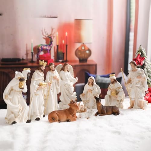 Ovewios 11-Piece White Nativity Set Figurines | Hand Resin Baby Jesus Holy Family Indoor Decor
