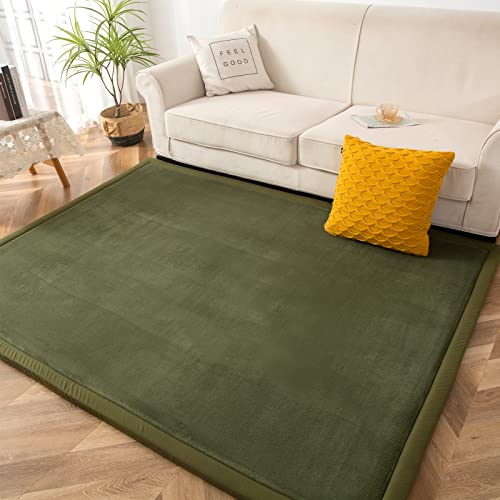 MAXYOYO Olive Green Coral Velvet Area Rug 59x78in with Non-Slip Backing, Thick Japanese Tatami Mat for Living Room & Bedroom