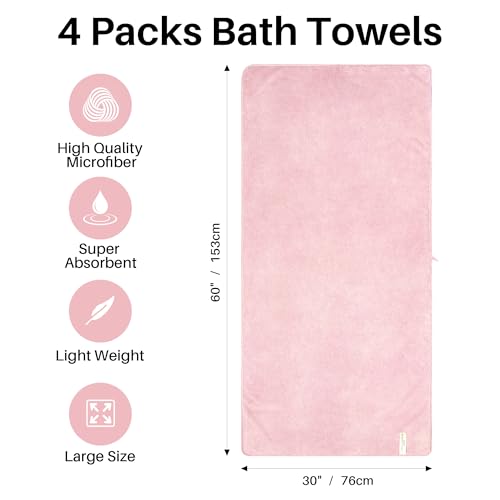 JOYMOOP Microfiber Bath Towels 4 Pack - Extra Large 30x60 Inches, Mixed Color (White, Grey, Green, Blush)