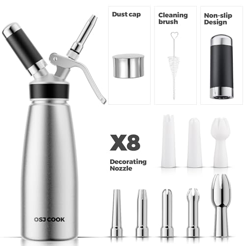 OSJ COOK 500ml Aluminum Whipped Cream Dispenser with 8 Decorating Nozzles